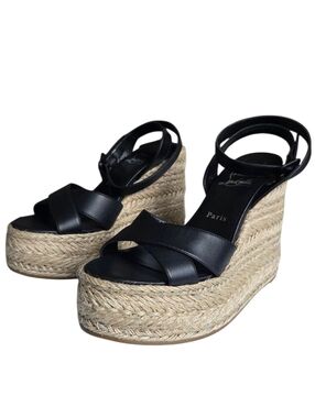 Christian Louboutin Mariza Zeppa 130 Black Leather Wedge Sandals 39